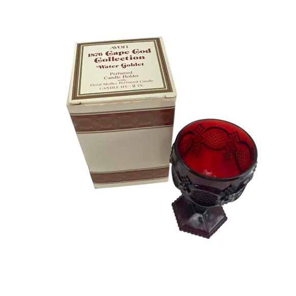 Avon 1876 Cape Cod Collection Ruby Red Glass Wine Goblet Candle Holder With Box - Picture 3 of 8